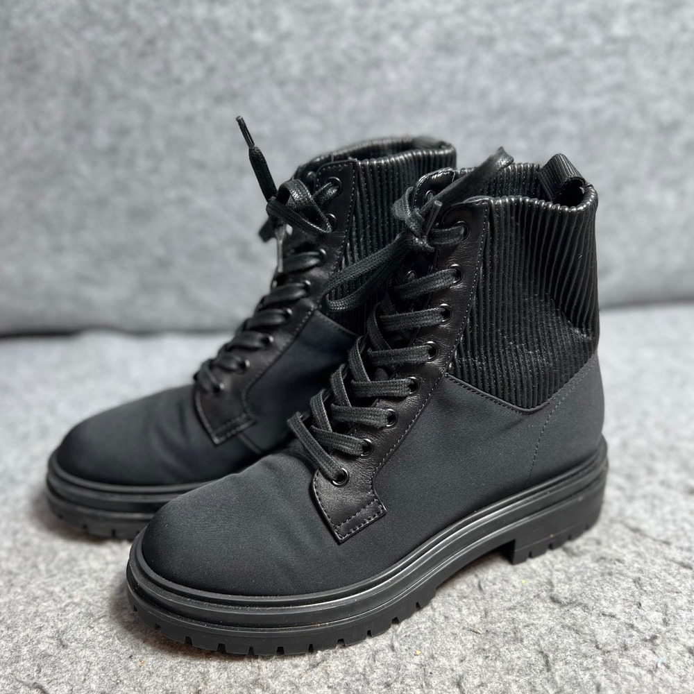 Gianvito Rossi Martis Black Textile Leather Ribbed Combat Lug Sole Boots 37.5